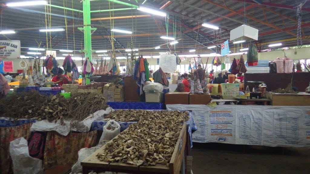 vendor stalls full of raw kava root in Fiji
